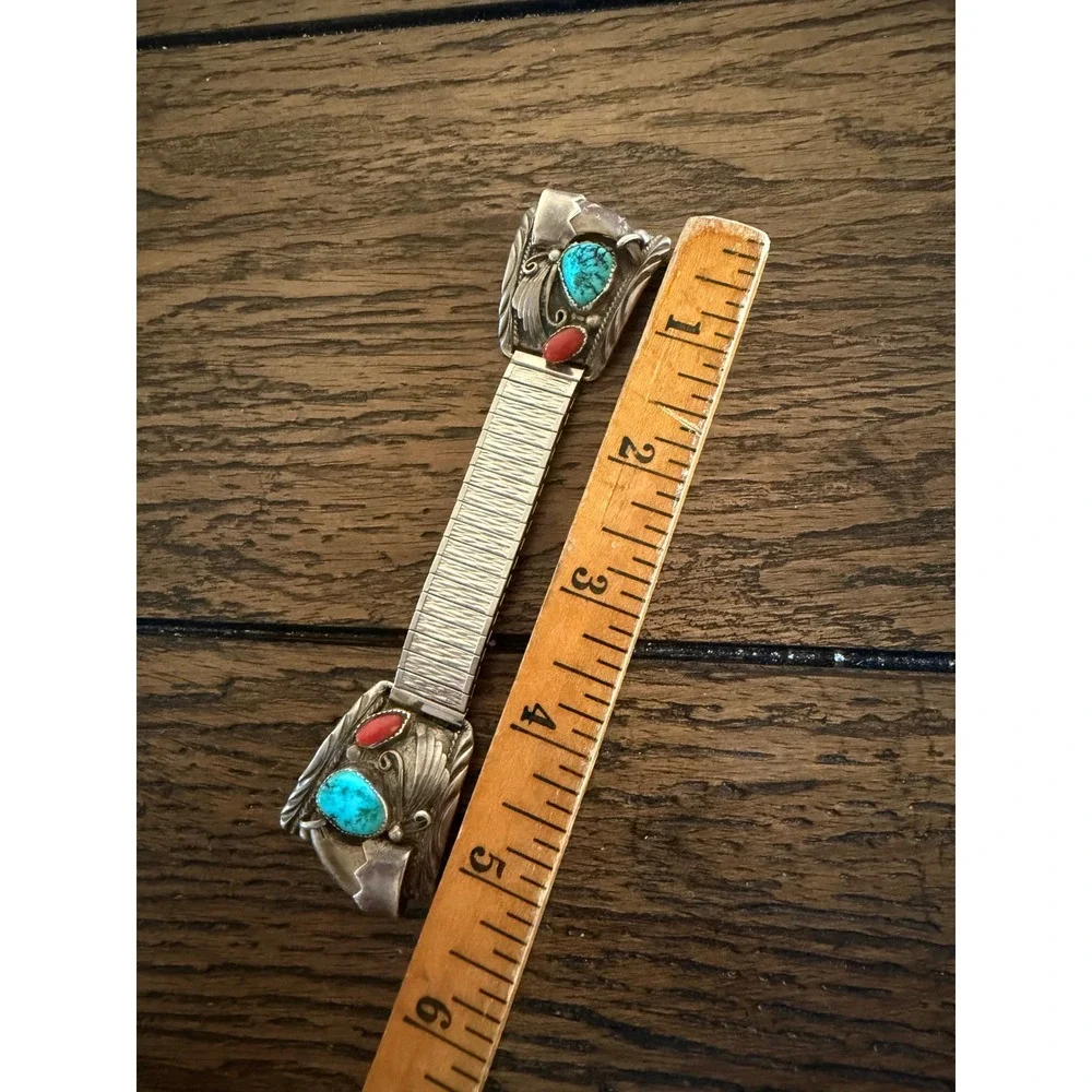 Vintage Navajo Sterling Silver Turquoise Coral Bear Claw Watch Band Old Pawn DDC